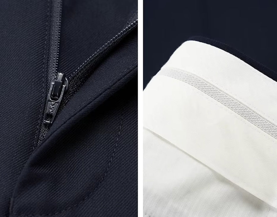 Collage showing the zipper fly and gripper tape details on the pants of the Borcelleclothes Men's Ebony Clay Business Suit, combining functionality with tailored elegance.