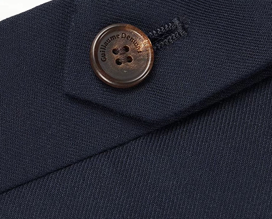 The waistband closure on the pants of the Borcelleclothes Men's Ebony Clay Business Suit, ensuring a secure and tailored fit.