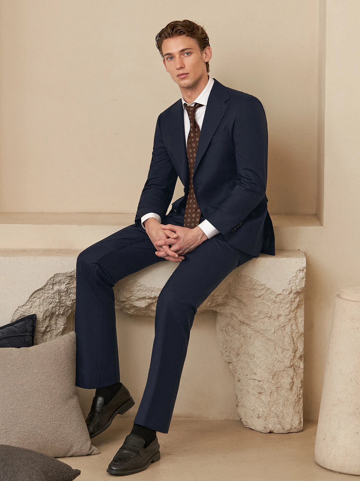 Borcelleclothes Men's Ebony Clay Business Suit featuring a single-breasted blazer with notch lapels, slim-cut pants, and handmade details in a sophisticated muted Ebony Clay tone, crafted for comfort and professional refinement.