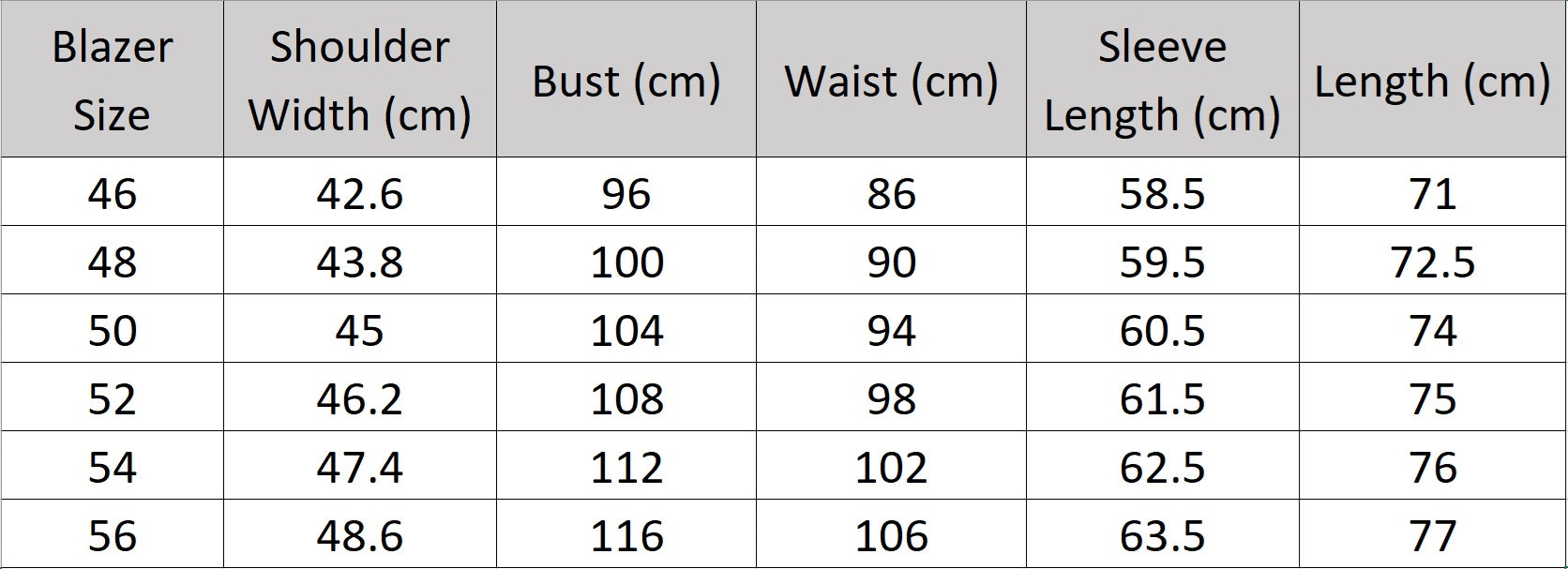 Size chart for the blazer of the Borcelleclothes Men's Ebony Clay Suit with Bold Brass Accents, providing detailed measurements for an ideal tailored fit.