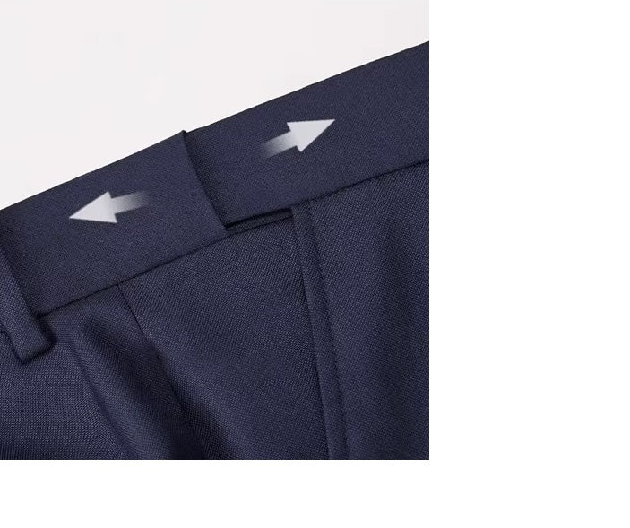 The adjustable waistband on the pants of the Borcelleclothes Men's Ebony Clay Suit with Bold Brass Accents, ensuring a custom and comfortable fit.