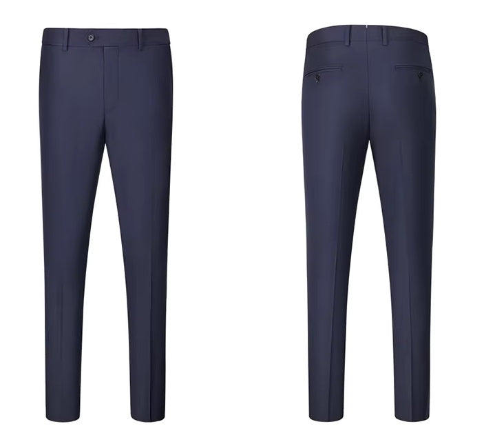 Front and back of the pants from the Borcelleclothes Men's Ebony Clay Suit with Bold Brass Accents, showcasing the slim-cut design and clean tailoring.