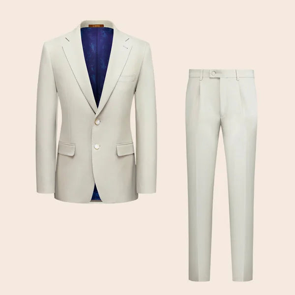 Complete view of the Borcelleclothes Men's Ecru White Suit, featuring the tailored blazer and straight-leg pants for a sleek and sophisticated ensemble.