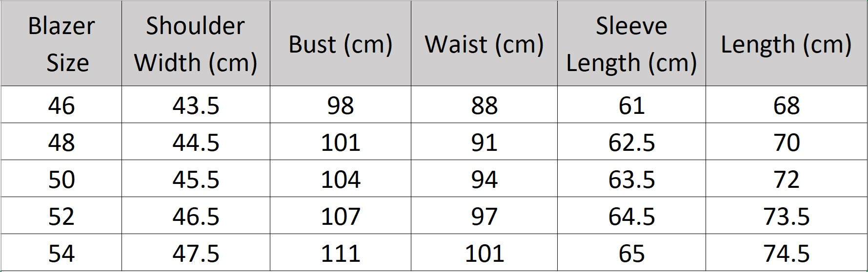Size chart for the blazer of the Borcelleclothes Men's Ecru White Suit, providing precise measurements for a tailored and refined fit.
