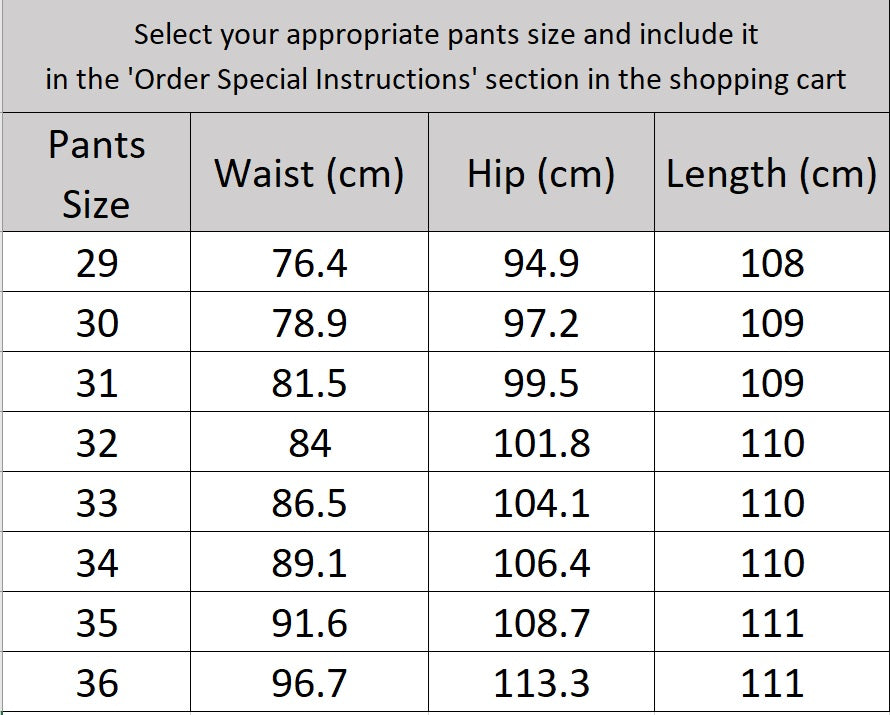 Size chart for the pants of the Borcelleclothes Men's Ecru White Suit, ensuring a perfect fit for the straight-leg design.