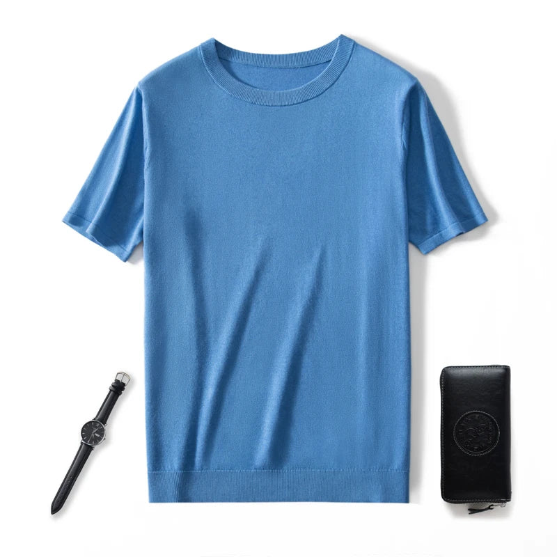 Men’s fine-knit silk-cashmere T-shirt in Cool Blue — lightweight and breathable knit with a smooth surface, ribbed neckband, and bottom hem. From Borcelleclothes.
