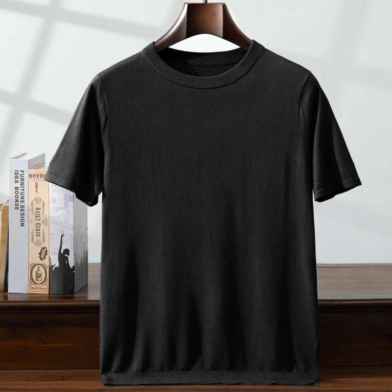 Men’s fine-knit silk-cashmere T-shirt in Onyx — lightweight and breathable knit with a smooth surface, ribbed neckband, and bottom hem. From Borcelleclothes.