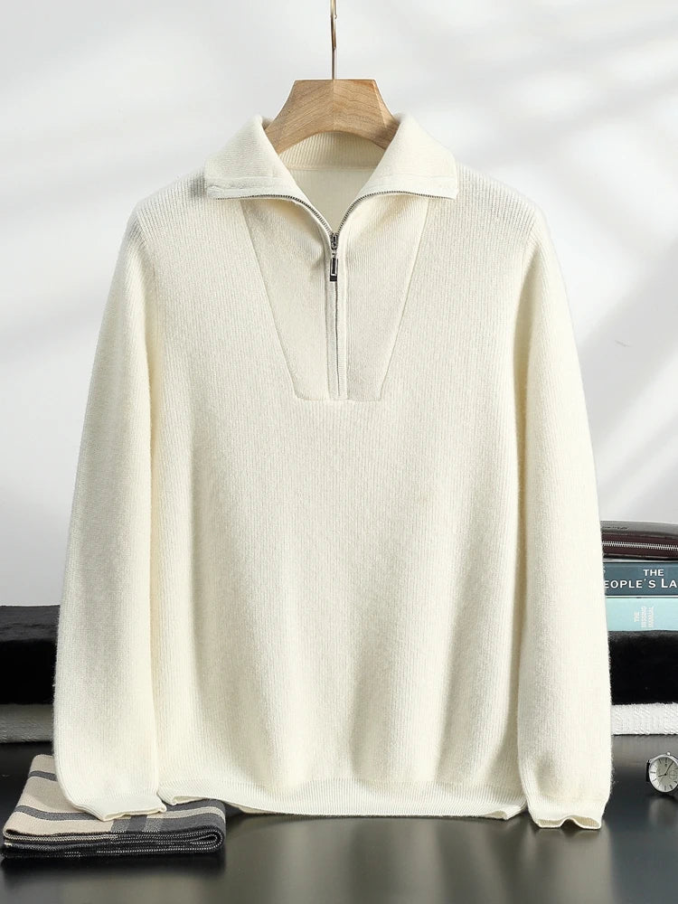 Front view of men's fisherman rib cashmere sweater in Alabaster, highlighting trapeze neckline and soft rib structure — From Borcelleclothes.