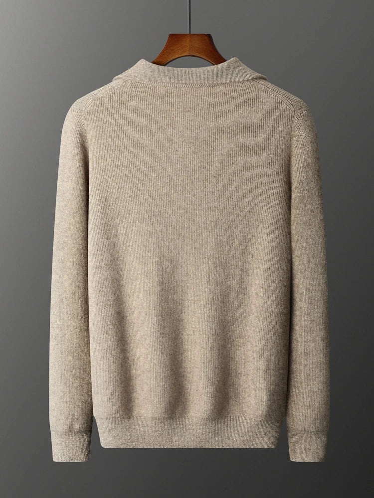 Back view of men's fisherman rib cashmere sweater in Bronco color, with fluid drape and visible ribbed architecture — From Borcelleclothes.