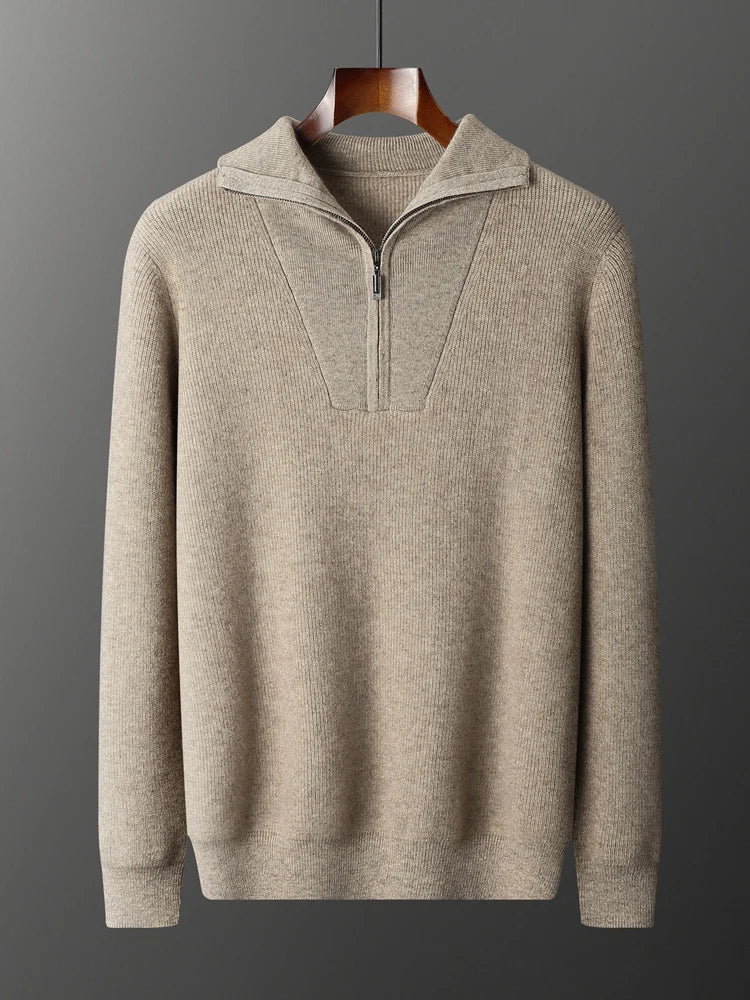 Front view of men's fisherman rib cashmere sweater in Bronco color, showing dense texture and soft front drape — From Borcelleclothes.