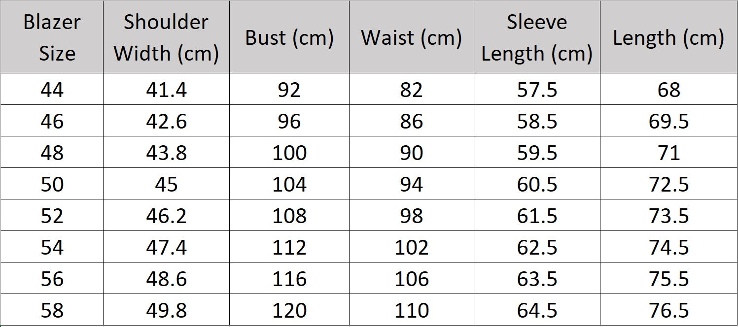 Men’s size chart for a blazer of the formal double-breasted wool suit with peaked lapels and four-button sleeve plackets — structured, composed, and quietly commanding. From Borcelleclothes.