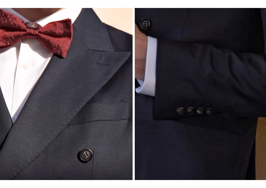 Collage of Davy Grey lapel and Ebony Clay sleeve placket — two stories, one language of formality. From Borcelleclothes.
