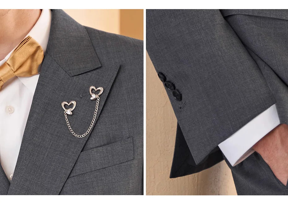 Davy Grey collage with peaked lapel and sleeve placket — control and understatement, side by side. From Borcelleclothes.