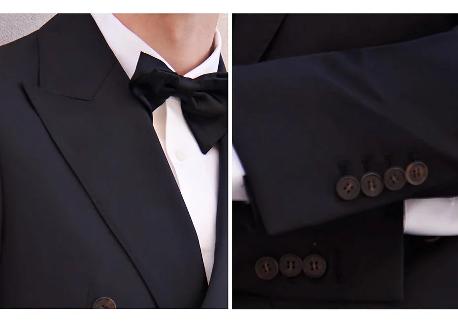 Blazer collage showing right lapel and sleeve placket with four horn buttons — precision in every line. From Borcelleclothes.