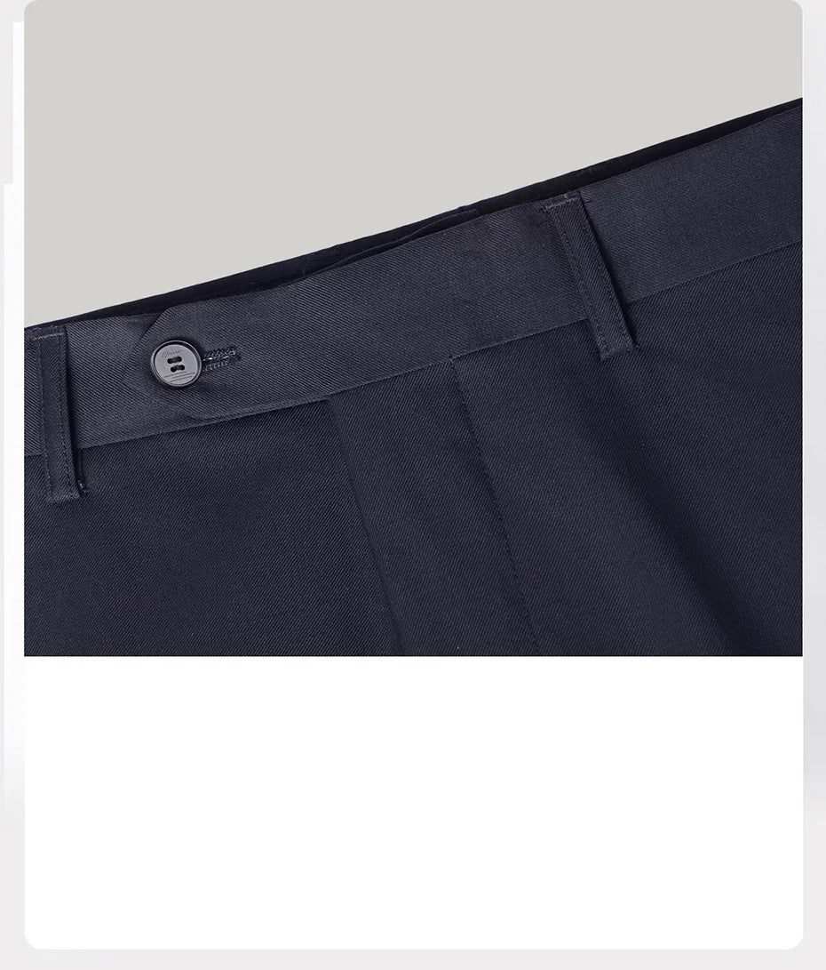 Close-up of trousers with horn button closure and belt loops — elegant utility. From Borcelleclothes.