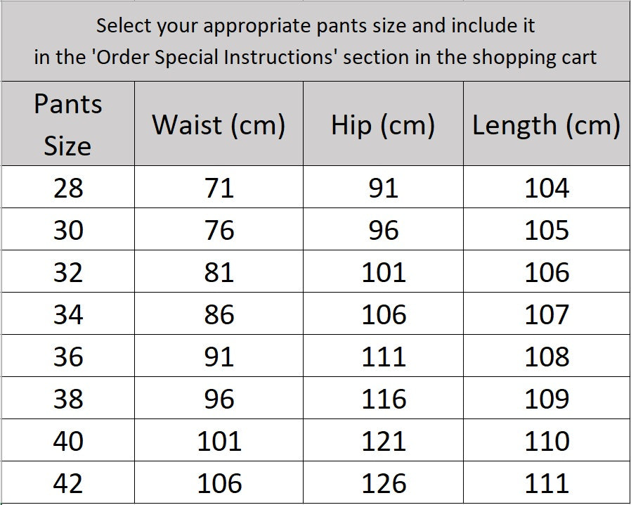 Men’s size chart for pants of the formal double-breasted wool suit with peaked lapels and four-button sleeve plackets — structured, composed, and quietly commanding. From Borcelleclothes.