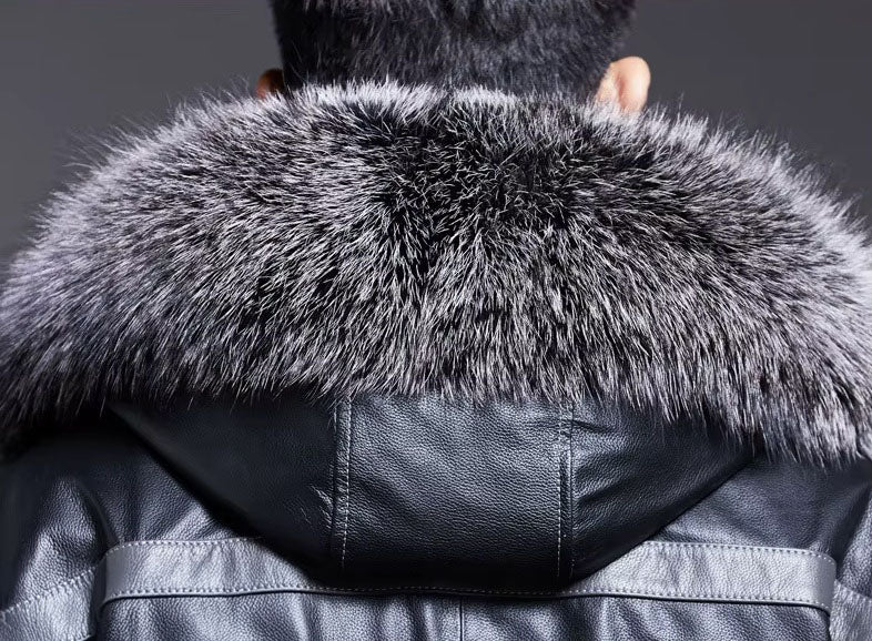 Back upper view of hood in Onyx jacket, highlighting volume and natural fur texture. From Borcelleclothes.