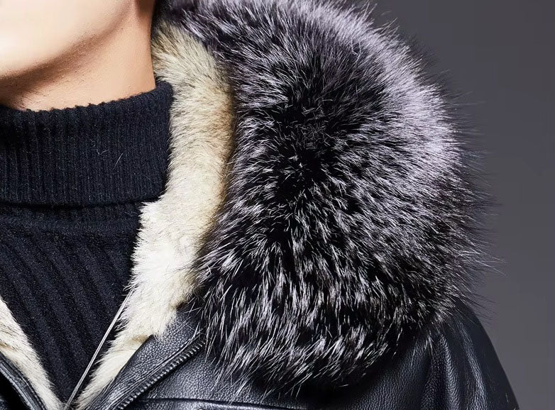 Front view of Onyx jacket showing fur-lined hood with silver fox trim. From Borcelleclothes.