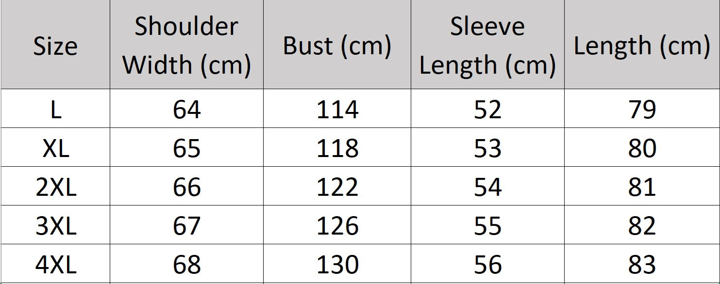 Men’s size chart for a mid-thigh cowhide leather jacket in Onyx featuring wolf-style fur-lined hood, asymmetrical cargo pockets, and Shuttle Grey decorative stripes. From Borcelleclothes.