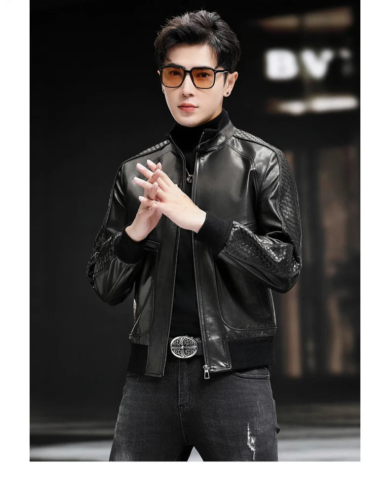 Model with fingers crossed wearing men’s goatskin jacket; front woven overlays and central metal zip — From Borcelleclothes.