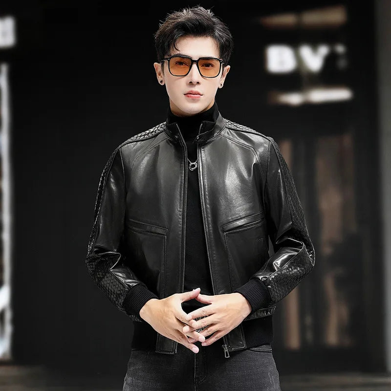 Men’s goatskin jacket with woven overlays, perforated yokes, hexagonal back insert, and double collar in Onyx — From Borcelleclothes.