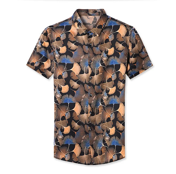 Full front view of the men’s Ginkgo silk shirt with nature-inspired pattern in warm and cool tones. From Borcelleclothes.