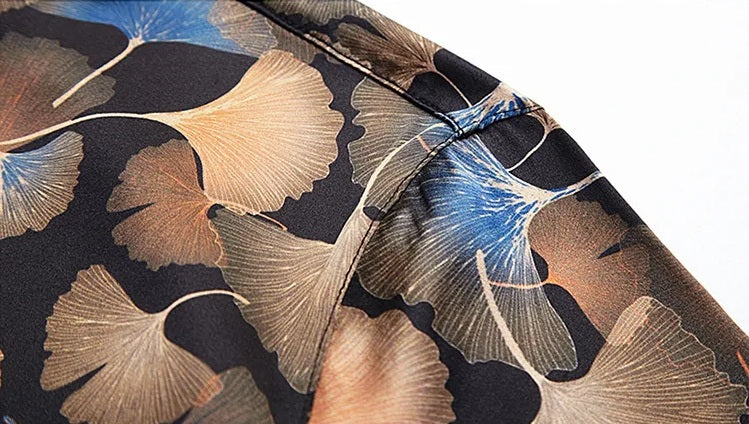 Shoulder view of the Ginkgo silk shirt showing precise tailoring and harmonious flow of the print. From Borcelleclothes.