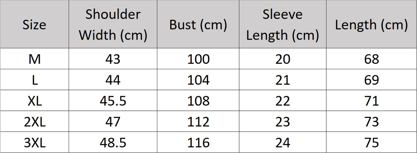 Men’s size chart for a short-sleeved Ginkgo silk shirt in black with a pattern of warm-toned ginkgo leaves and blue accents. From Borcelleclothes.