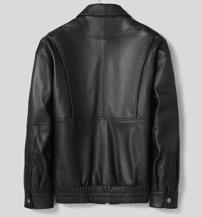 Back view of the Onyx goatskin leather jacket; emphasizes structure and layered flap design. From Borcelleclothes.