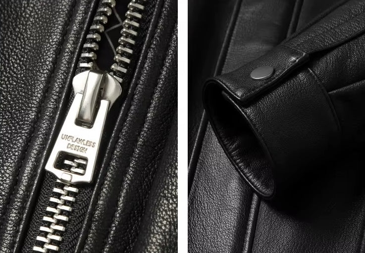 Collage showing zipper puller and snap-closure sleeve end on the Onyx goatskin jacket; highlights precise detailing. From Borcelleclothes.
