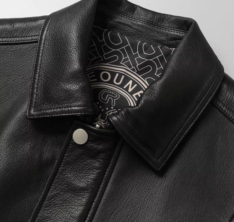 The Onyx goatskin leather jacket’s collar; highlights the clean edge and smooth curve of the neckline. From Borcelleclothes.