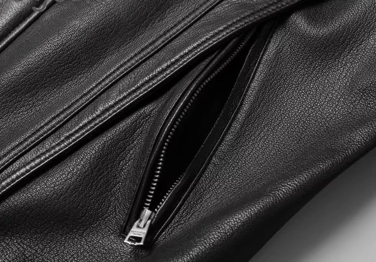 Unzippered pocket detail on the Onyx jacket; showcases sleek edge and interior leather finish. From Borcelleclothes.