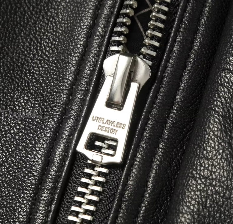 Zipper puller on the Onyx goatskin jacket; minimal hardware with matte finish. From Borcelleclothes.