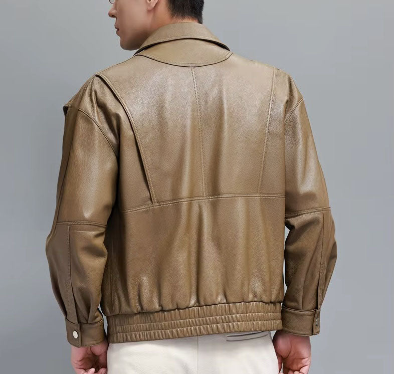 Back view of the Sandrift goatskin jacket; reveals layered flap design and curved yoke for visual depth. From Borcelleclothes.