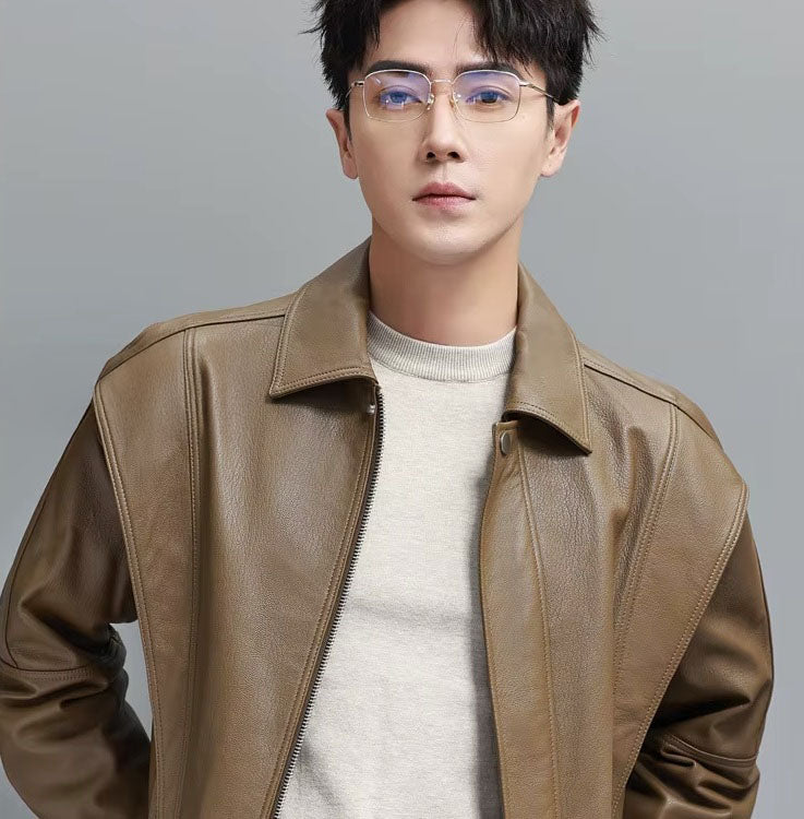 Model wearing the Sandrift jacket from the front; focus on upper structure, collar, and front flap detailing. From Borcelleclothes.