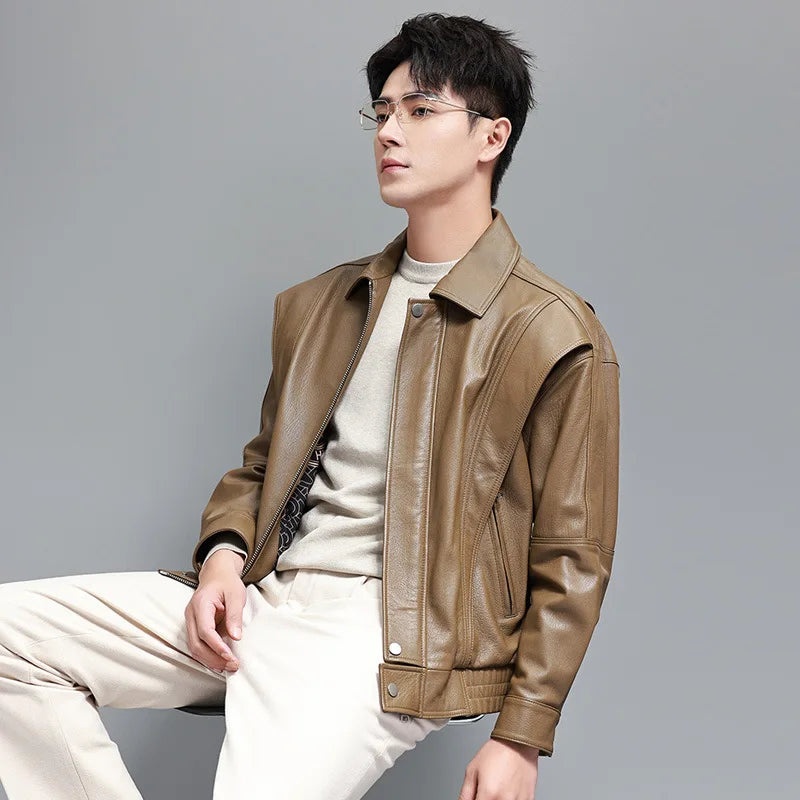 Men’s goatskin leather jacket in Sandrift with front and back flaps; crafted for a structured yet supple silhouette with layered design, subtle sheen, and modern, intuitive lines. From Borcelleclothes.