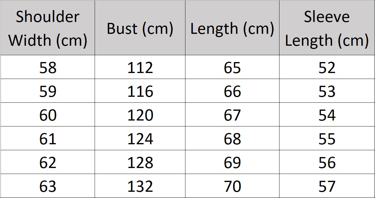 Men’s size chart for a goatskin leather jacket with front and back flaps; crafted for a structured yet supple silhouette with layered design, subtle sheen, and modern, intuitive lines. From Borcelleclothes.