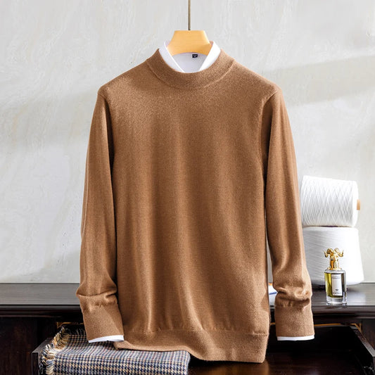 Men's Grade A Alashan Cashmere Mock Neck Sweater in French Beige, crafted from 100% Alashan Cashmere, featuring a smooth stockinette bodice, ribbed mock neck, and ribbed cuffs for a polished and sophisticated look. From Borcelleclothes.