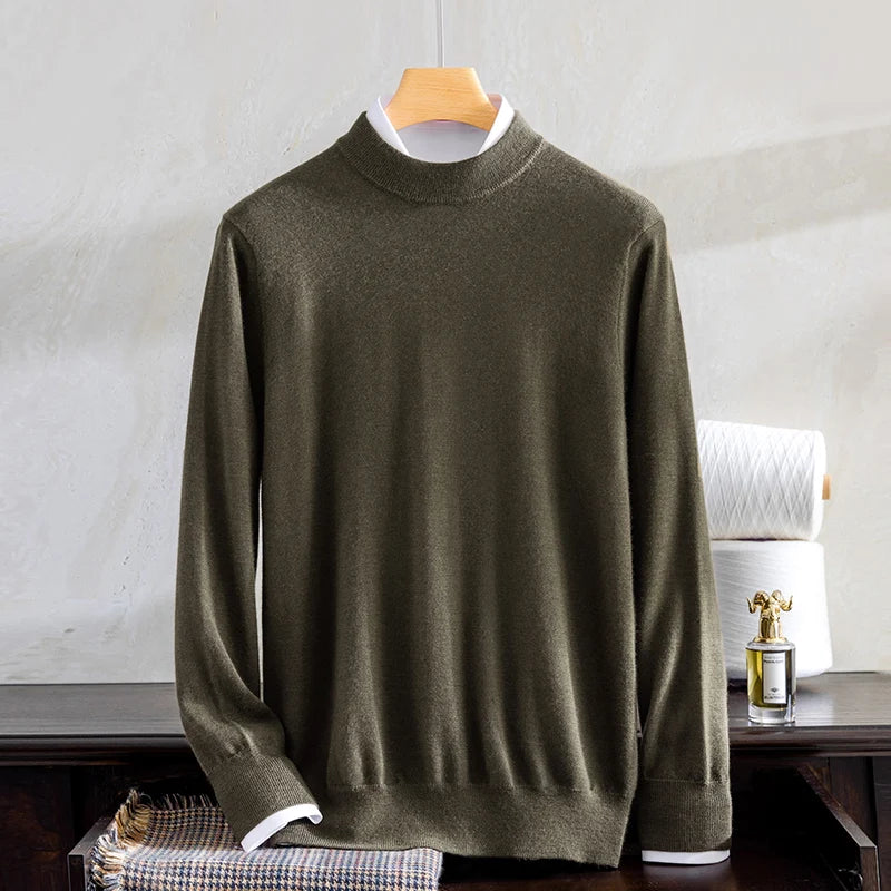 Men's Grade A Alashan Cashmere Mock Neck Sweater in Makara, crafted from 100% Alashan Cashmere, featuring a smooth stockinette bodice, ribbed mock neck, and ribbed cuffs for a polished and sophisticated look. From Borcelleclothes.