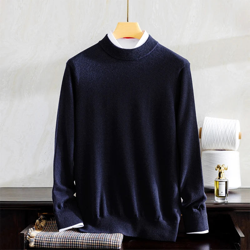 Men's Grade A Alashan Cashmere Mock Neck Sweater in Mirage, crafted from 100% Alashan Cashmere, featuring a smooth stockinette bodice, ribbed mock neck, and ribbed cuffs for a polished and sophisticated look. From Borcelleclothes.