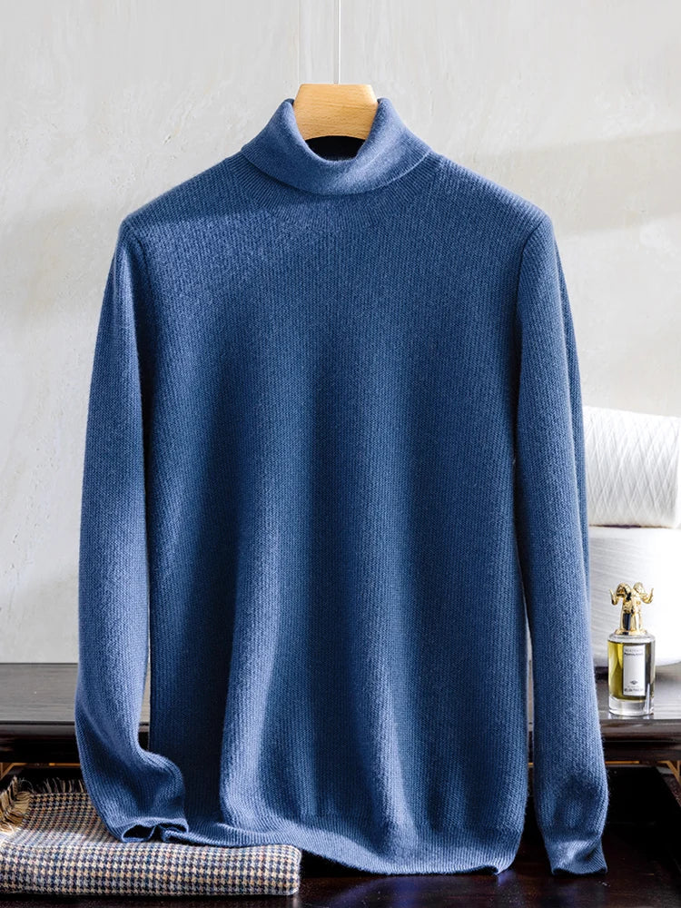 Men's Grade A Alashan Cashmere Turtleneck Sweater in Regal Blue, crafted from 100% Soft Gold Cashmere, featuring an intricate zigzag texture, ribbed cuffs and hem, and a luxurious, bold elegance. From Borcelleclothes.