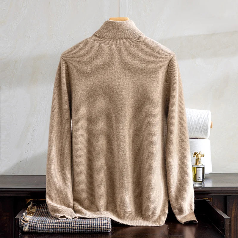 The Back of the Men's Grade A Alashan Cashmere Turtleneck Sweater in Sandal, featuring smooth stockinette stitching and a seamless finish. From Borcelleclothes.