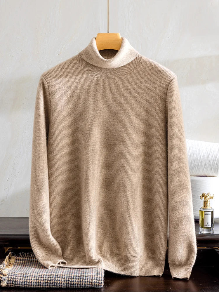 Men's Grade A Alashan Cashmere Turtleneck Sweater in Sandal, crafted from 100% Soft Gold Cashmere, featuring an intricate zigzag texture, ribbed cuffs and hem, and a luxurious, grounding warmth. From Borcelleclothes.