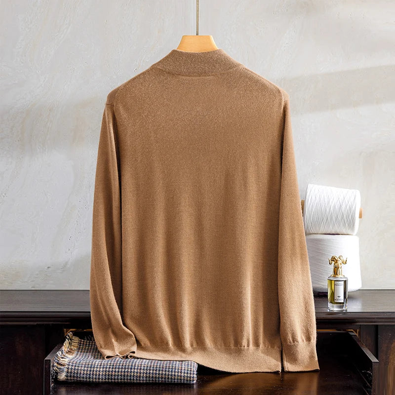 The Back of the Men's Grade A Cashmere Quarter-Zip Sweater in French Beige, featuring smooth stockinette stitching and a refined silhouette. From Borcelleclothes.