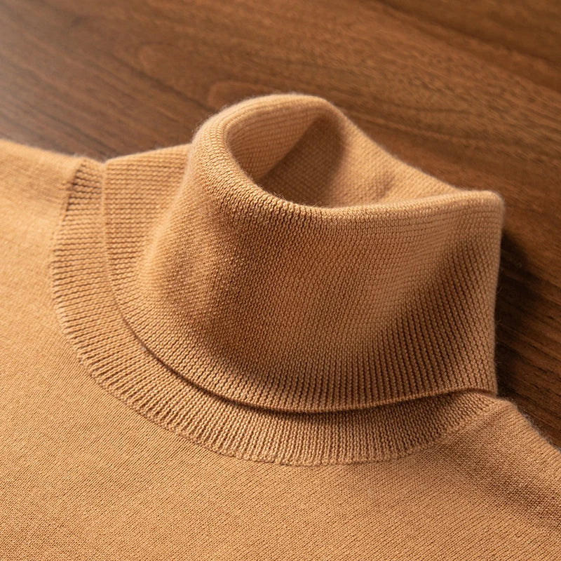 Turtle neck in 1x1 ribbed texture on the French Beige cashmere turtleneck — From Borcelleclothes.