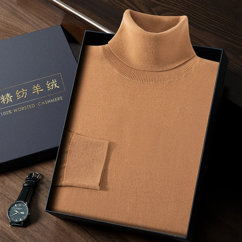 Men's Slim-fitting cashmere turtleneck in stockinette stitch with 1x1 ribbed neck, cuffs, and hem, available in French Beige color — From Borcelleclothes.