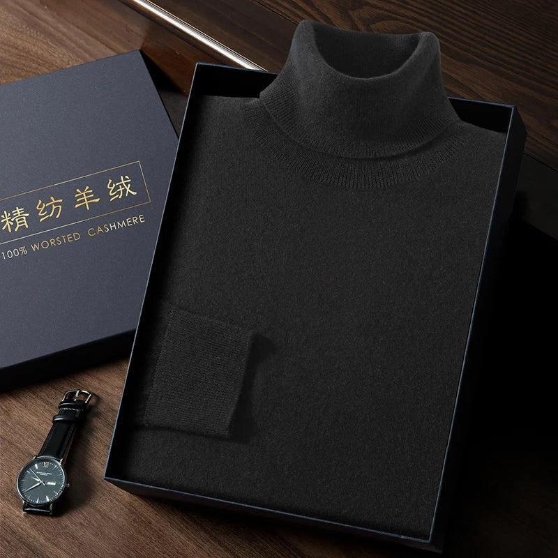 Men's Slim-fitting cashmere turtleneck in stockinette stitch with 1x1 ribbed neck, cuffs, and hem, available in Onyx color — From Borcelleclothes.