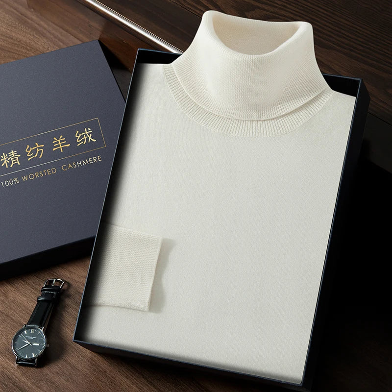 Men's Slim-fitting cashmere turtleneck in stockinette stitch with 1x1 ribbed neck, cuffs, and hem, available in Platinum color — From Borcelleclothes.