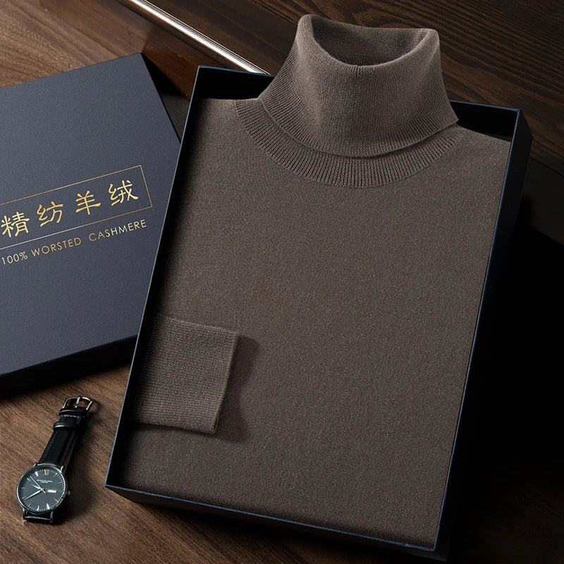 Men's Slim-fitting cashmere turtleneck in stockinette stitch with 1x1 ribbed neck, cuffs, and hem, available in Umber color — From Borcelleclothes.