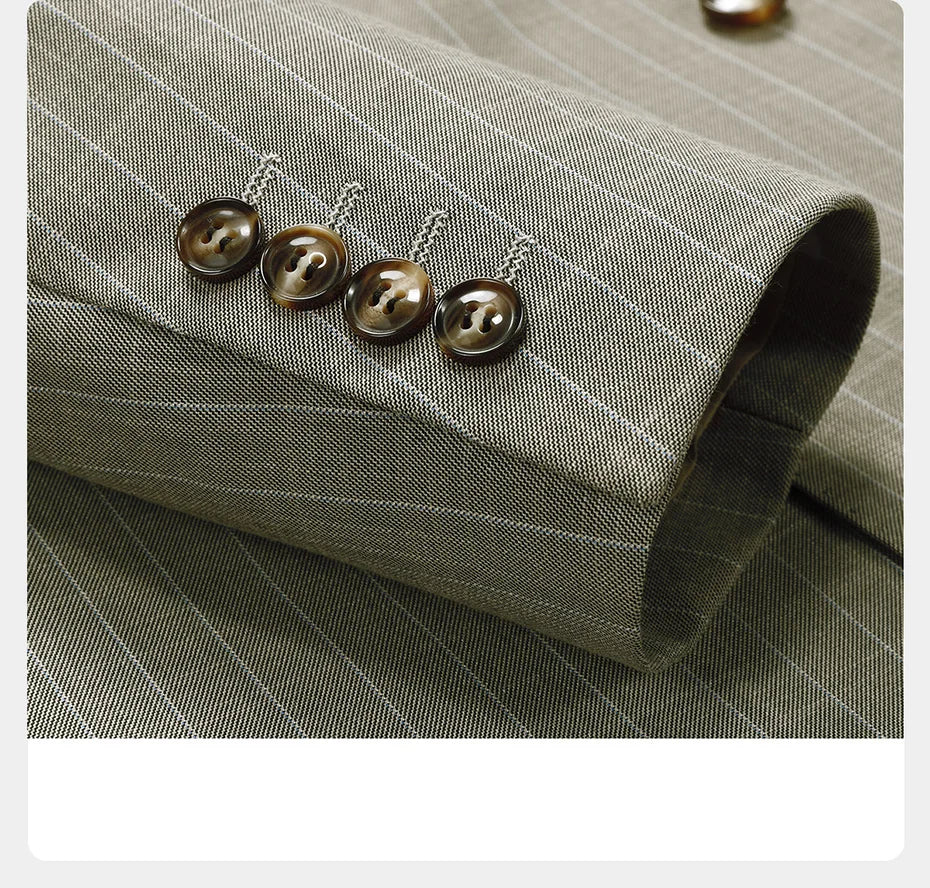 Close-up of the sleeve placket with horn buttons and handmade buttonholes on the grey olive pinstripe blazer. From Borcelleclothes.